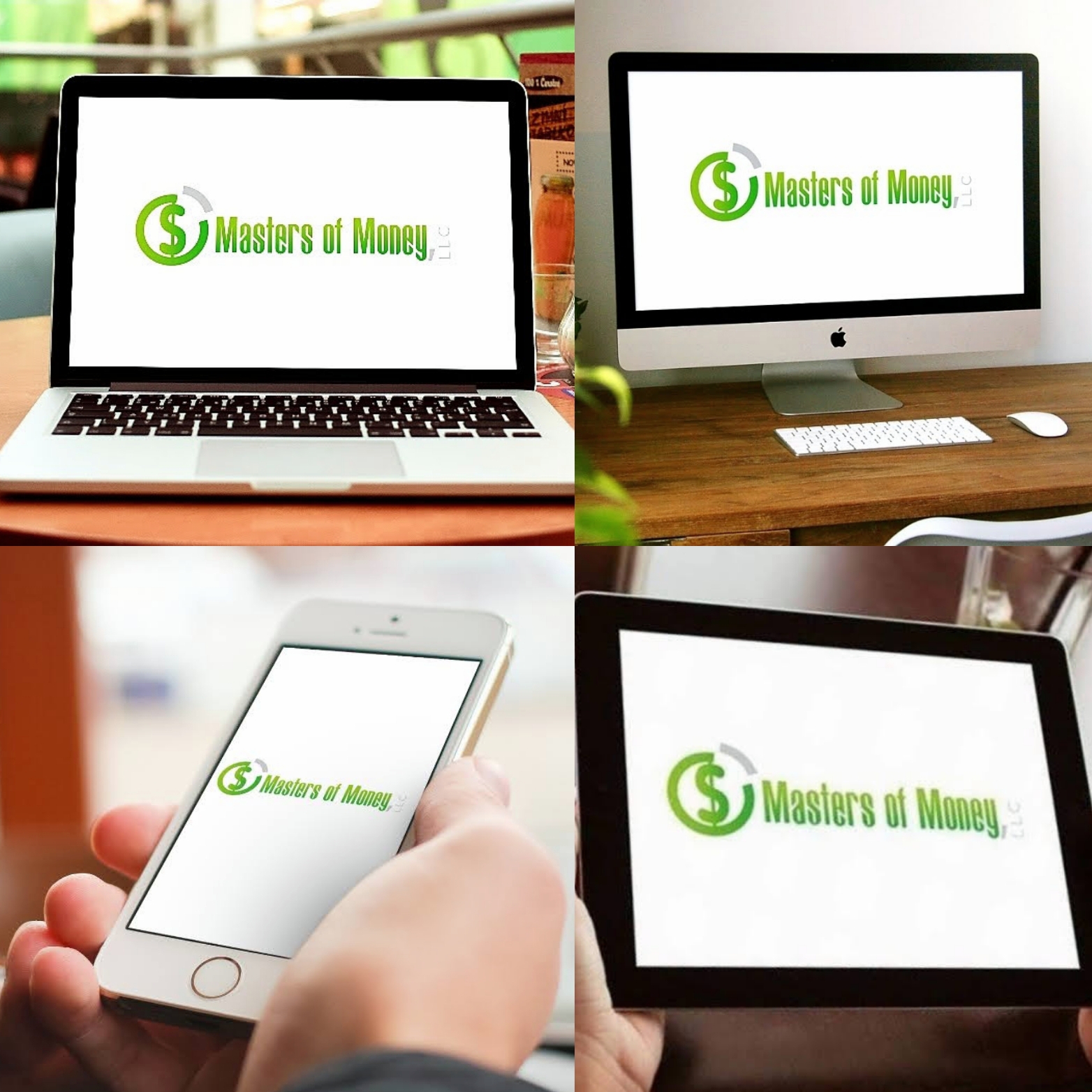 Masters of Money LLC Logo Screensaver on Electronic Devices Collage