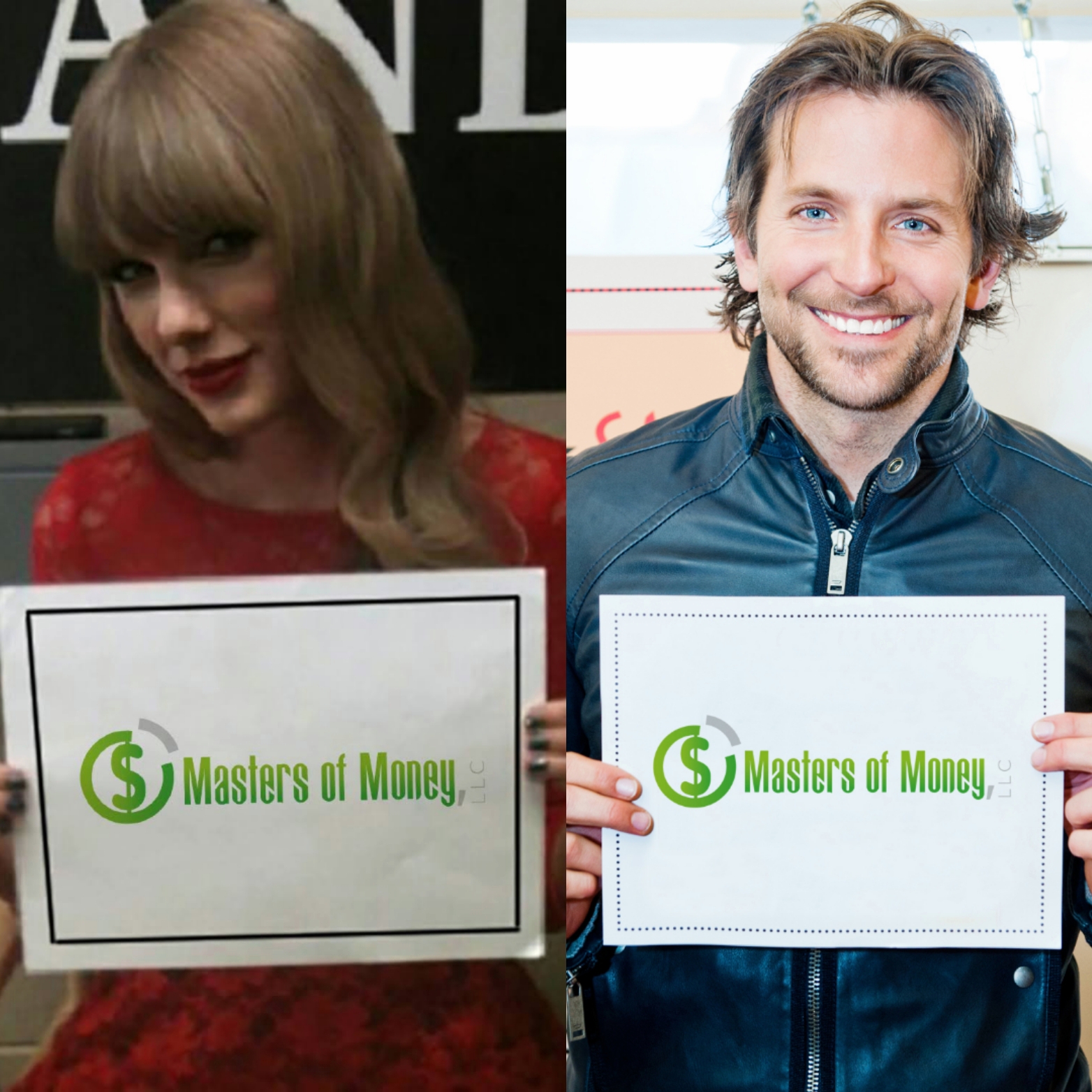 Taylor Swift and Bradley Cooper Holding Masters of Money LLC Logo Signs Collage