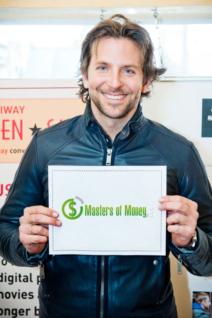 Bradley Cooper Holding a Masters of Money LLC Logo Sign Photo