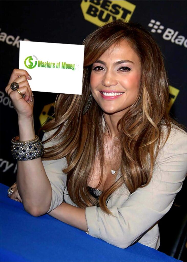Jennifer Lopez Holding a Masters of Money Logo Sign Photo