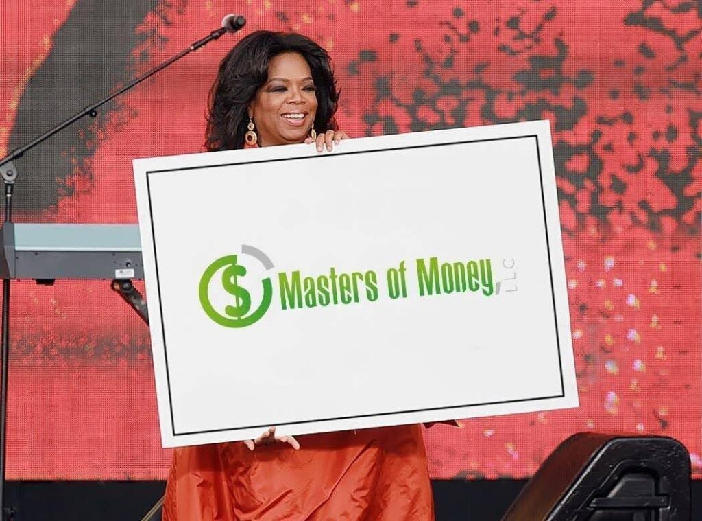 Oprah Winfrey Holding Masters of Money Company Logo Sign Photo