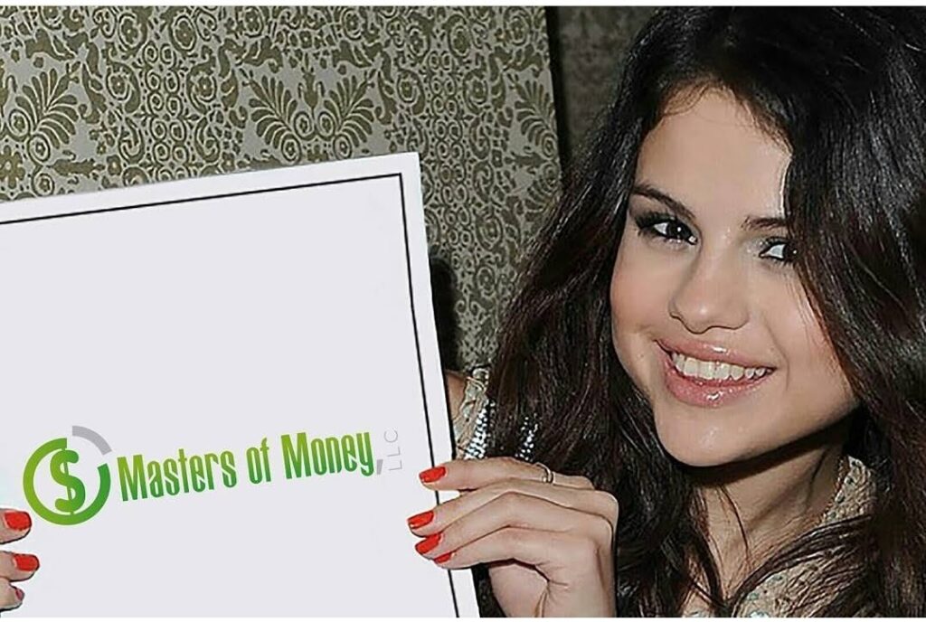 Selena Gomez Holding a Masters of Money Logo Sign Photo