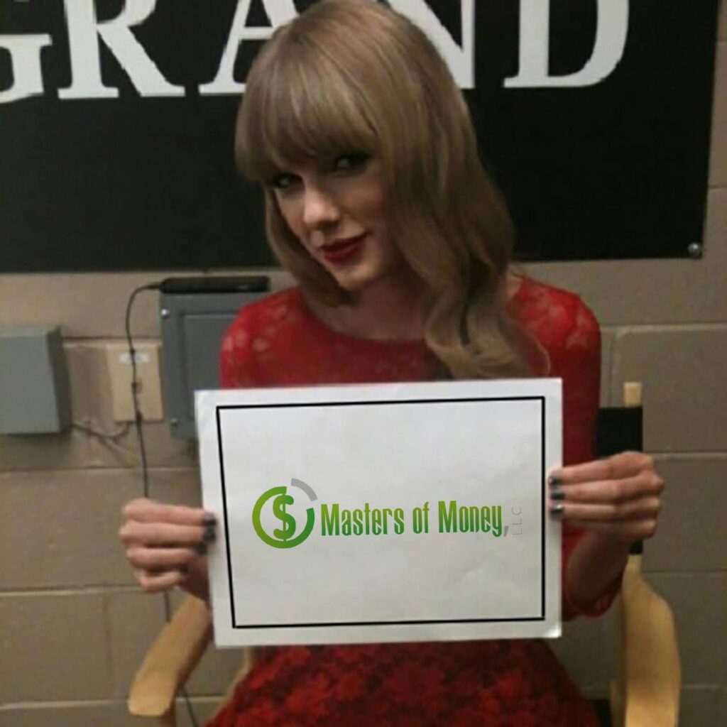 Taylor Swift Holding a Masters of Money Logo Sign Photo